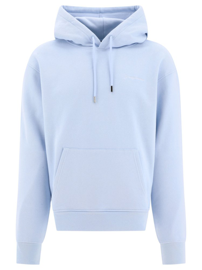 Shop Jacquemus Logo Embroidered Drawstring Hoodie In Blue