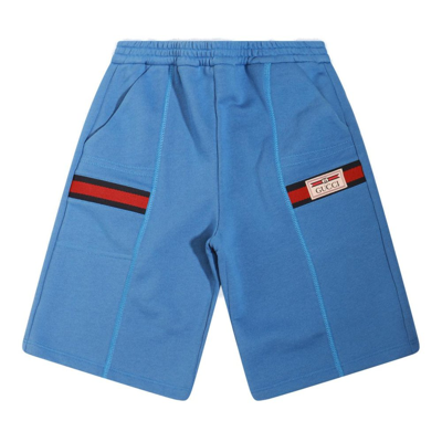 Shop Gucci Kids Logo Patch High Waist Shorts In Blue