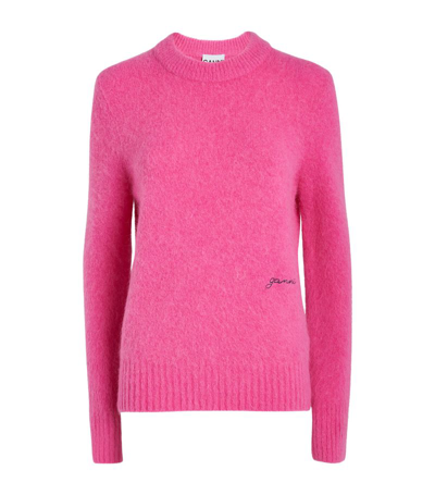 Shop Ganni Alpaca-blend Embroidered Logo Sweater In Pink