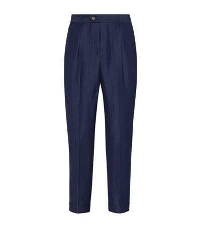 Shop Brunello Cucinelli Wool-linen Denim-effect Trousers In Blue