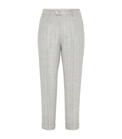Shop Brunello Cucinelli Linen And Wool Chalk Stripe Trousers In Grey
