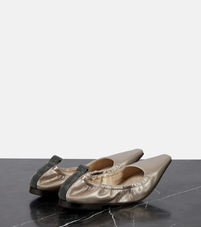 Shop Brunello Cucinelli Metallic Leather Ballet Flats In Silver