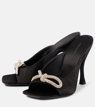 Shop Ferragamo Embellished Satin Mules In Black