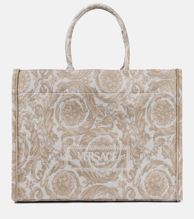 Shop Versace Barocco Athena Large Tote Bag In Beige