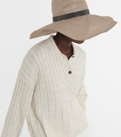 Shop Brunello Cucinelli Cable-knit Cotton-blend Polo Sweater In White