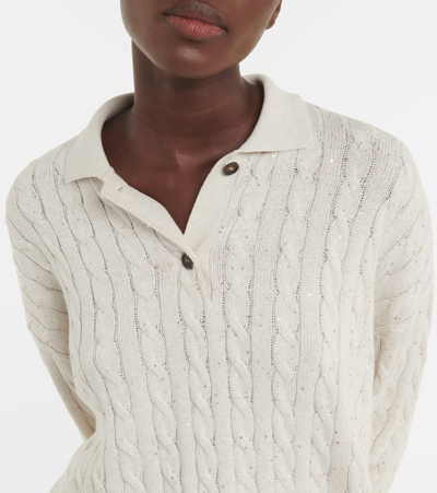 Shop Brunello Cucinelli Cable-knit Cotton-blend Polo Sweater In White