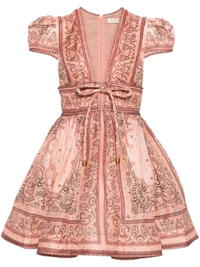 Shop Zimmermann Bandana Print Linen And Silk Blend Mini Dress In Pink