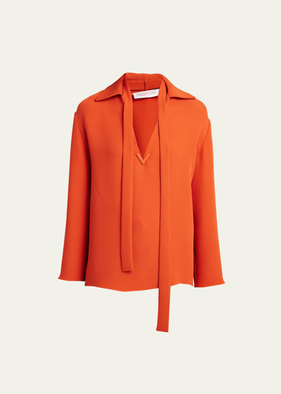 Shop Valentino Scarf-neck Georgette Silk Blouse With V-logo In Off Orange