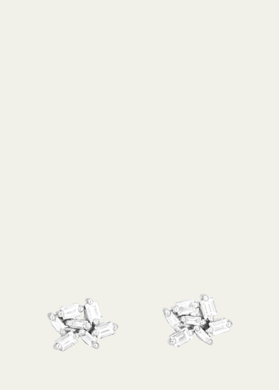 Shop Suzanne Kalan Small White Baguette Diamond Cluster Earrings In 18k Gold In White/gold