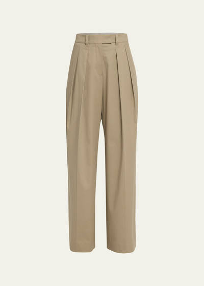 Shop Brunello Cucinelli Double Pleated Wide-leg Pants In C9591 Olive Green