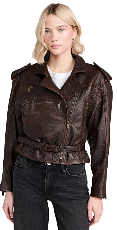 Shop Frame Strong Shoulder Leather Moto Jacket Chestnut