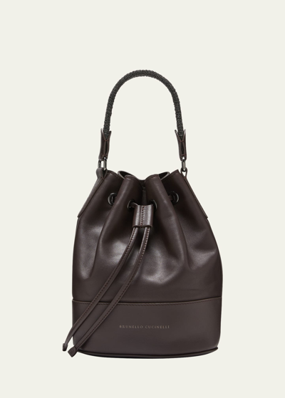 Shop Brunello Cucinelli Monili Braided Leather Bucket Bag In Dark Brown
