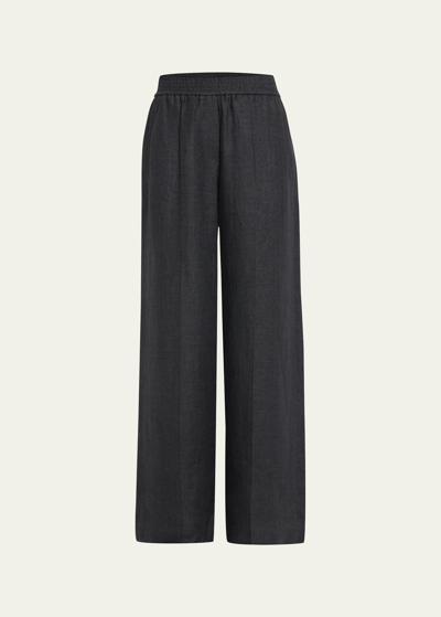 Shop Brunello Cucinelli Pull-on Linen Wide-leg Pants In C4837 Black