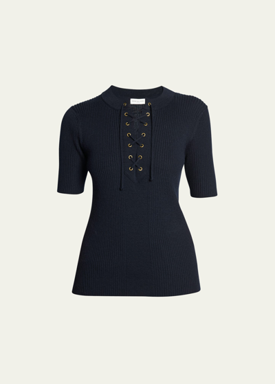 Shop Dries Van Noten Taru Lace-up Ribbed Polo Top In Navy
