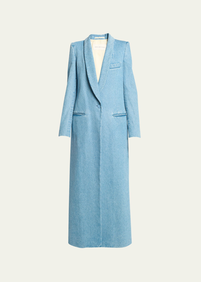 Shop Dries Van Noten Raida Denim Long Single-breasted Tuxedo Coat In Light Blue