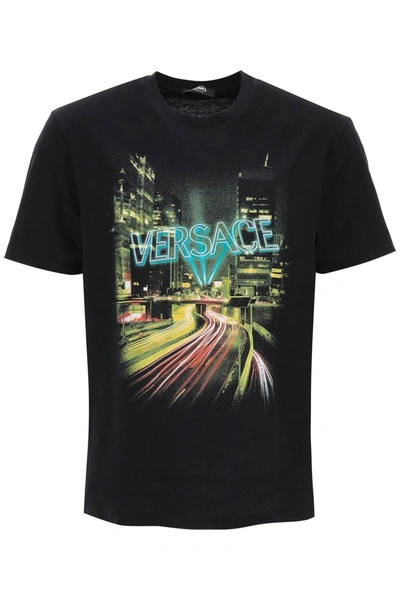 Shop Versace Crew Neck T Shirt With City Lights Print In Black
