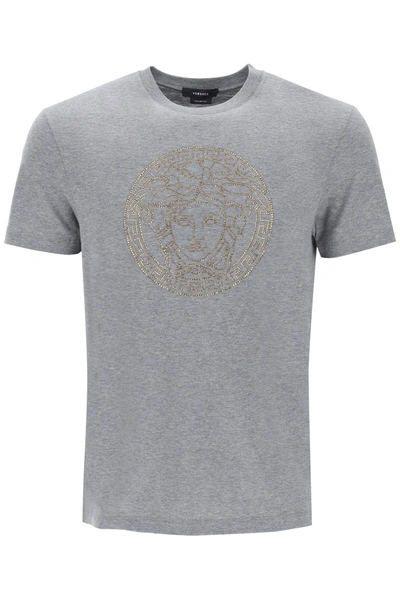 Shop Versace Rhinestones Medusa T Shirt In Grey