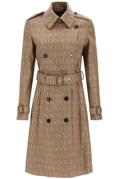 Shop Versace ' Allover' Double Breasted Trench Coat In Beige