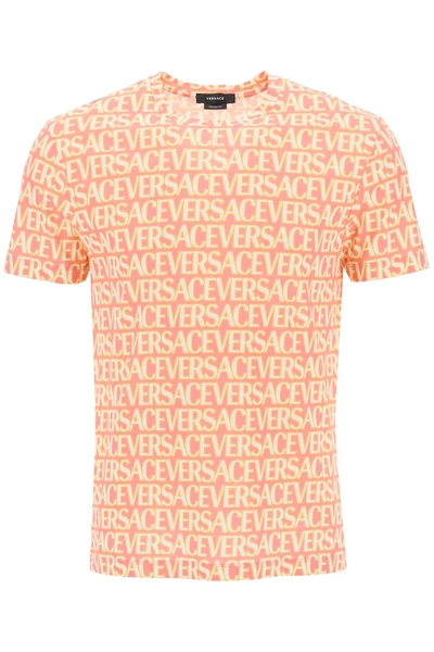 Shop Versace Allover T Shirt In White, Yellow, Pink
