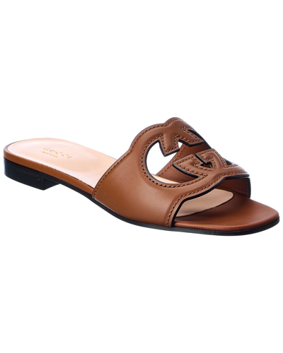 Shop Gucci Interlocking G Cutout Leather Sandal In Brown