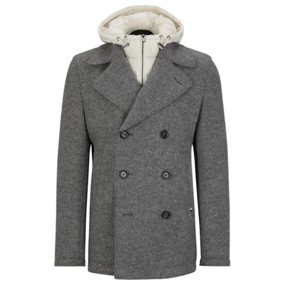 Shop Hugo Boss Virgin-wool Slim-fit Coat With Hooded Inner In Grey