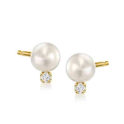 Rs Pure By Ross-simons 5-5.5mm Cultured Pearl Stud Earrings With Diamond Accents In 14kt Yellow Gold In White