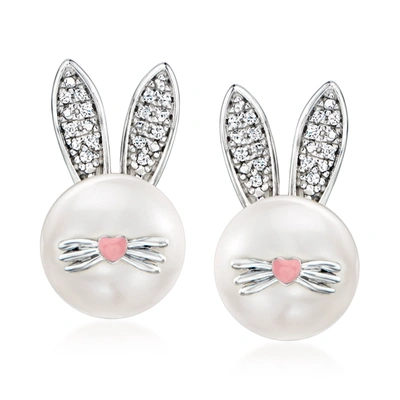 Ross-simons 8-8.5mm Cultured Pearl Bunny Earrings With Diamond Accents And Pink Enamel In Sterling Silver In White