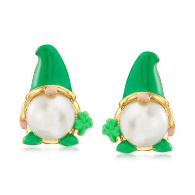 Ross-simons 8-8.5mm Cultured Pearl And Green Enamel St. Patrick's Day Gnome Earrings In 18kt Gold Over Sterling In Yellow
