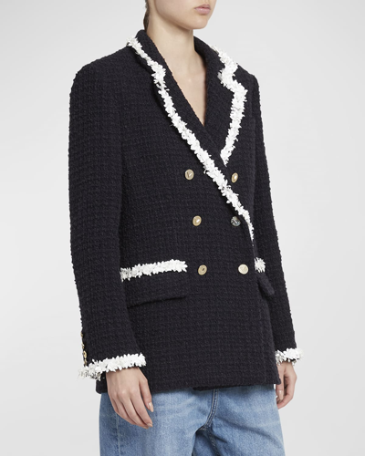 Shop Valentino Beaded-trim Double-breasted Tweed Blazer Jacket In Navy Multi