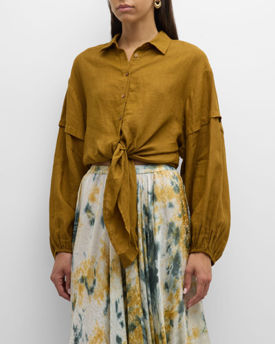 Shop Mes Demoiselles Cerea Tie-front Button-down Linen Shirt In Bronze
