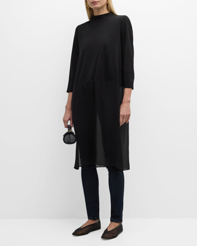 Shop Eileen Fisher Mock-neck 3/4-sleeve Silk Jersey Tunic In Black