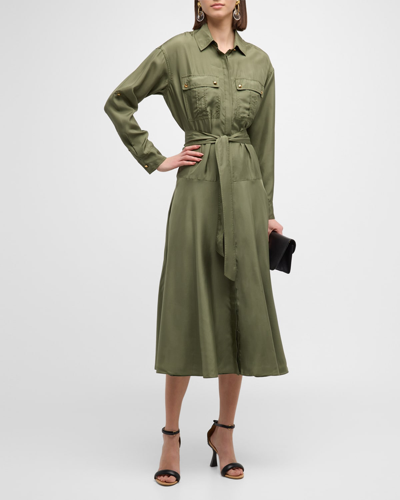Shop Veronica Beard Camille Belted Silk Shirtdress In Stone Army