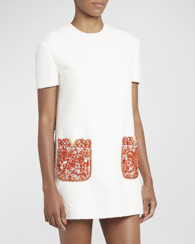 Shop Valentino Coral V-logo Embroidered Pocket Tweed Mini Shift Dress In Ivory Multi