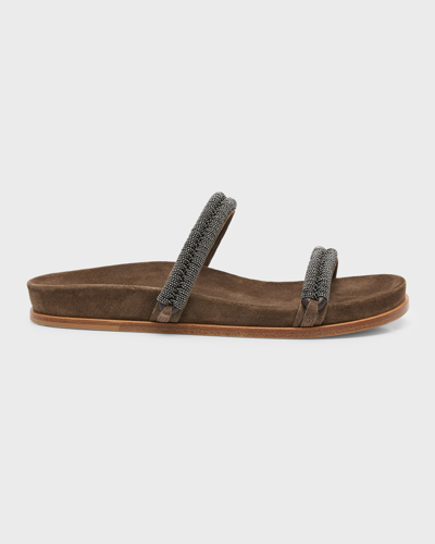 Shop Brunello Cucinelli Monili Two Band Slide Sandals In C8769 Brown