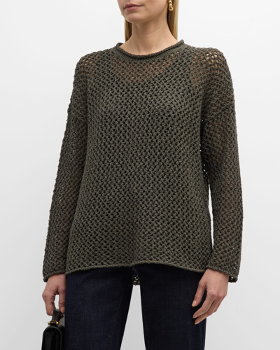 Shop Eileen Fisher Crewneck Open-stitch Boucle Pullover In Grove