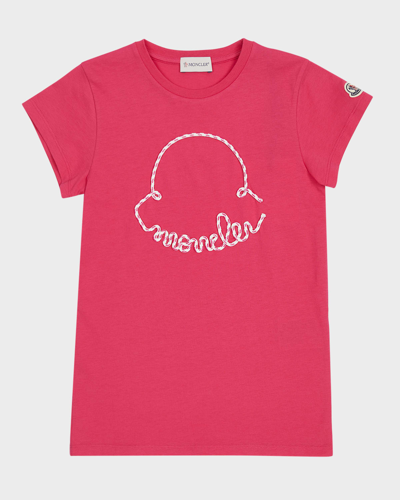 Shop Moncler Girl's Corded Logo Short-sleeve T-shirt Dress In Pink Red