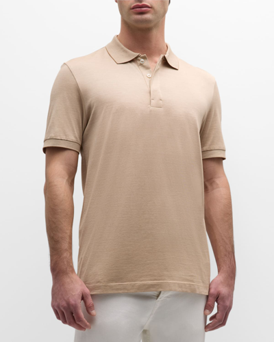 Shop Hugo Boss Men's Cotton-silk Micro-stripe Polo Shirt In Medium Beige