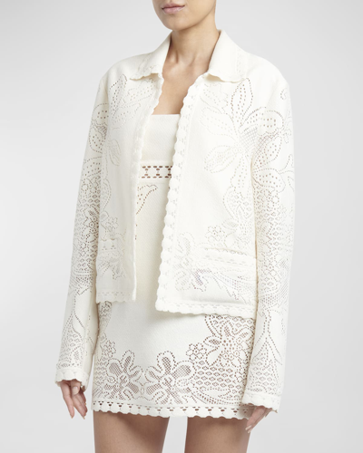 Shop Valentino Guipure Lace Collared Jacket In Ivory