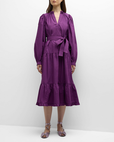 Shop Marie Oliver Mariah Tiered Blouson-sleeve Cotton Midi Dress In Plum Purple