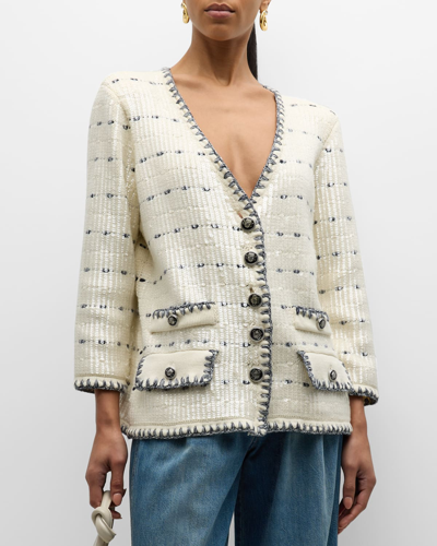 Shop Veronica Beard Ceriani Sequin Knit Jacket In Off White/navy