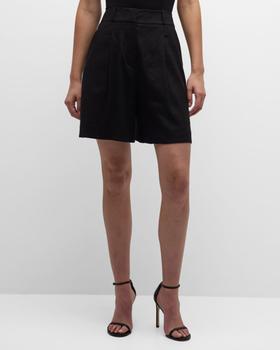 Shop Veronica Beard Noemi Pleated Linen Shorts In Black