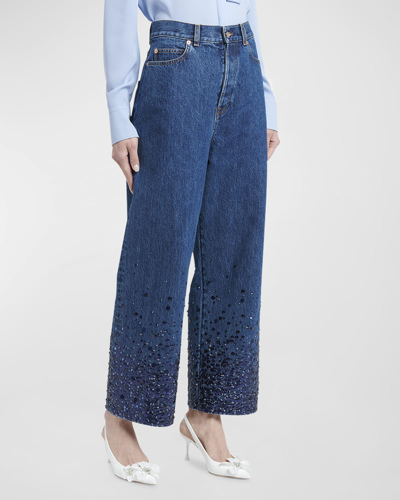 Shop Valentino Sequin Embroidered Wide-leg Ankle Denim Jeans In Dark Denim