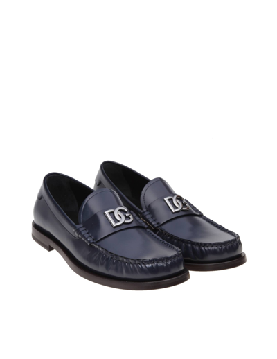 Shop Dolce & Gabbana Leather Loafers With Dg Logo In Blue