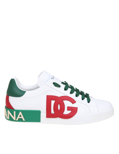 Shop Dolce & Gabbana Portofino Leather Sneakers With Dg Logo In White/red