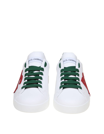 Shop Dolce & Gabbana Portofino Leather Sneakers With Dg Logo In White/red