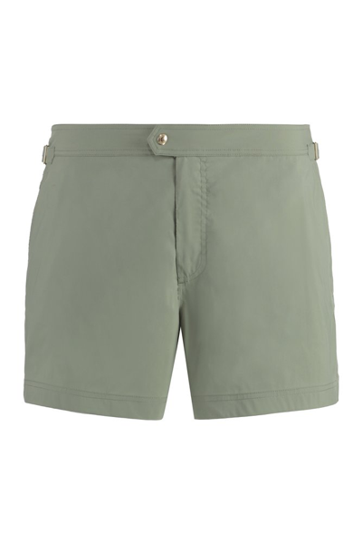 Shop Tom Ford Mid Rise Side Buckle Swim Shorts In Green