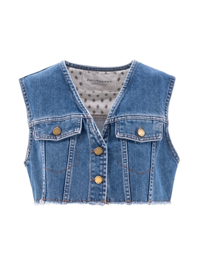 Shop Philosophy Di Lorenzo Serafini Frayed Hem Denim Crop Vest In Blue