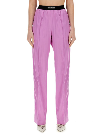 Shop Tom Ford Logo Waistband Satin Trousers In Purple