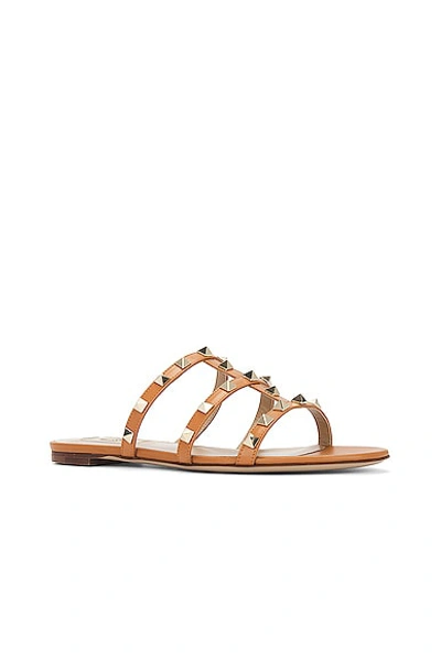 Valentino Pink Rockstud Flat Sandals In Almond Beige