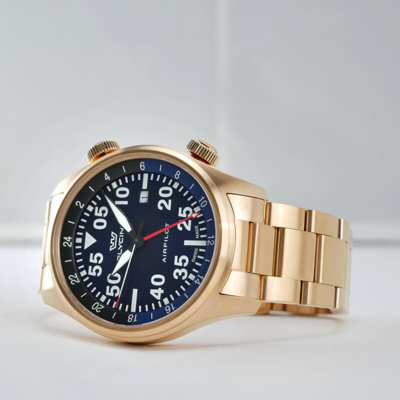 Pre-owned Glycine Airpilot Gmt Swiss Men's Pilot Aviator Watch Blue Dial Gold Gl0350 44mm